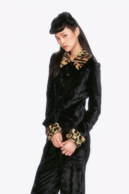 The Velour Jacket black, 5-buttons, leopard accents neckline collar with large triangular flaps.