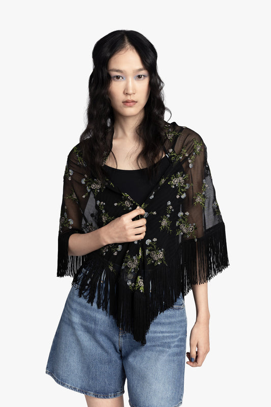 Bluebell Embroidered Chiffon Fringe Shawl