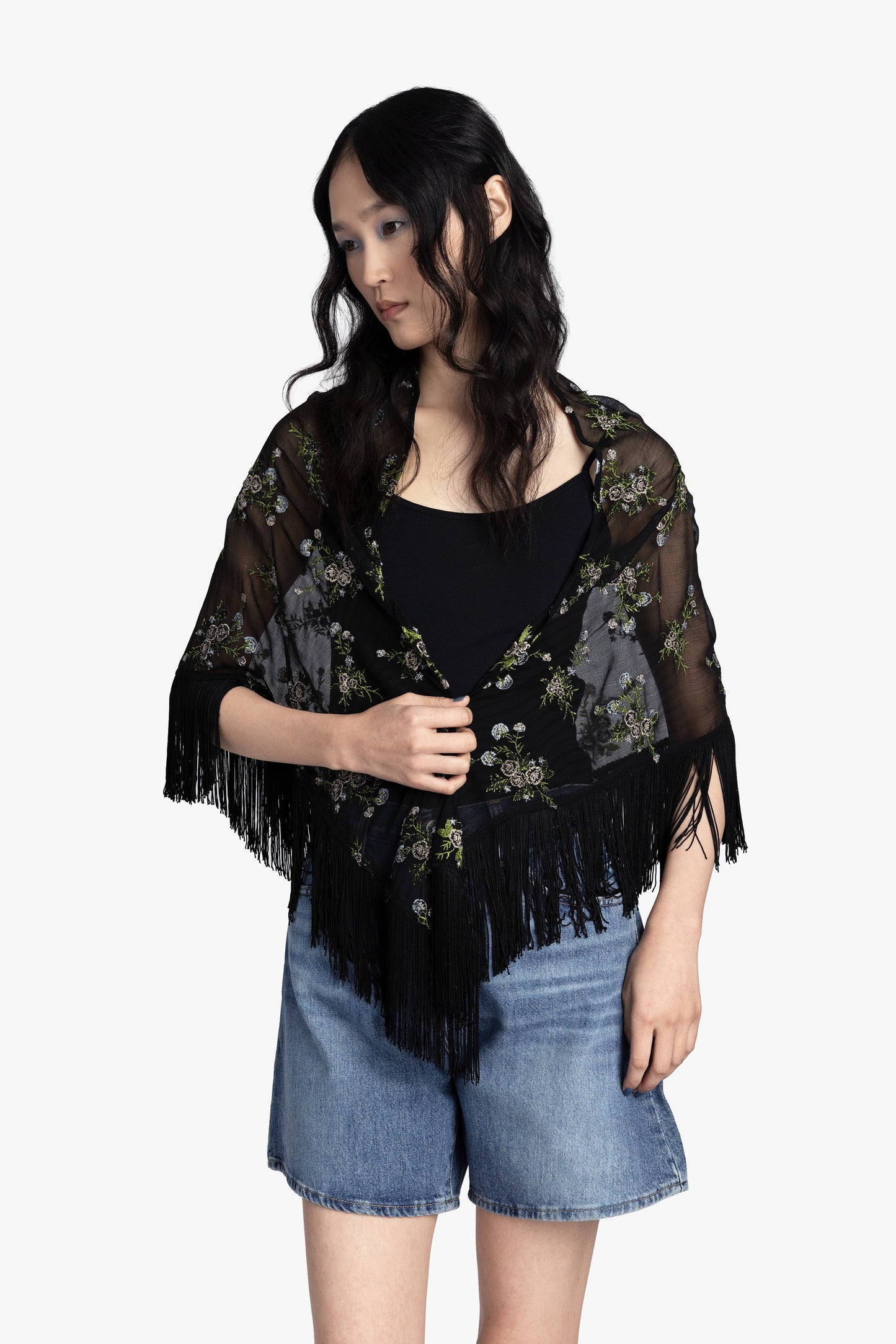 Bluebell Embroidered Chiffon Fringe Shawl