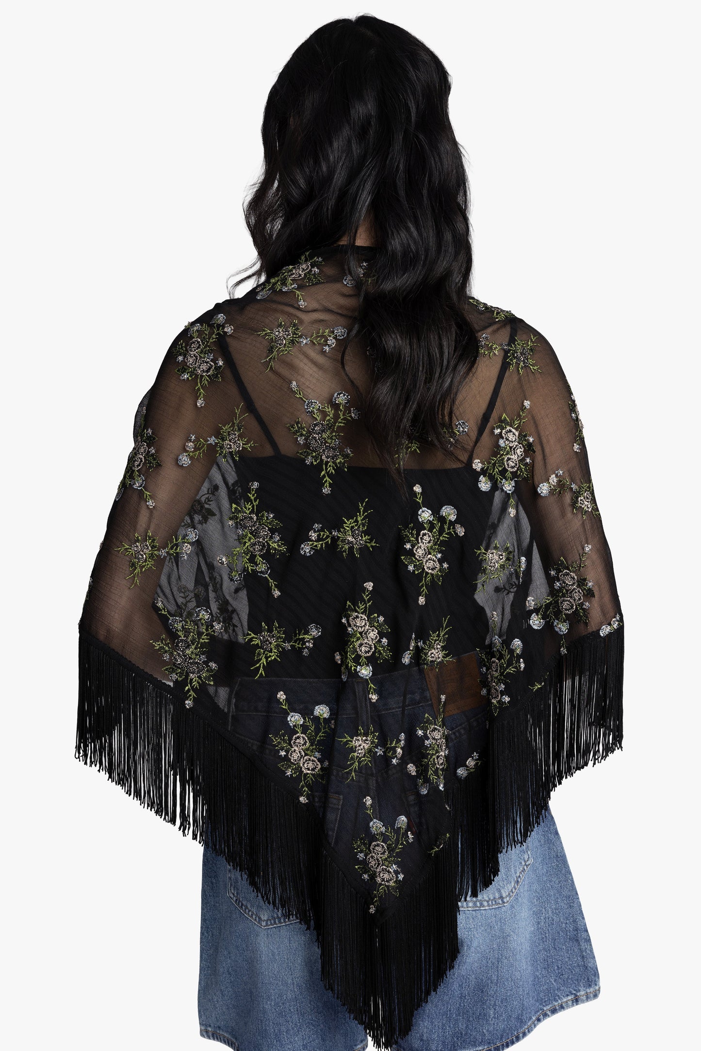 Bluebell Embroidered Chiffon Fringe Shawl