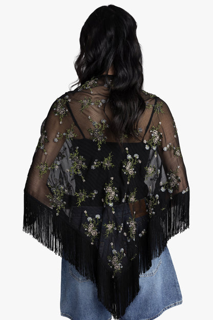 Bluebell Embroidered Chiffon Fringe Shawl