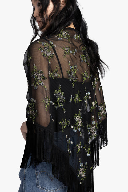 Bluebell Embroidered Chiffon Fringe Shawl