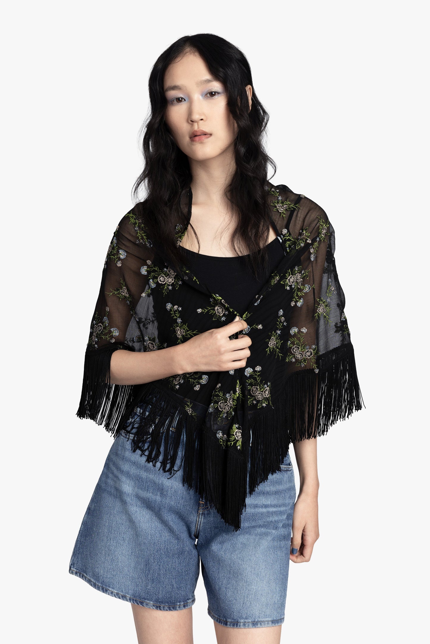 Bluebell Embroidered Chiffon Fringe Shawl