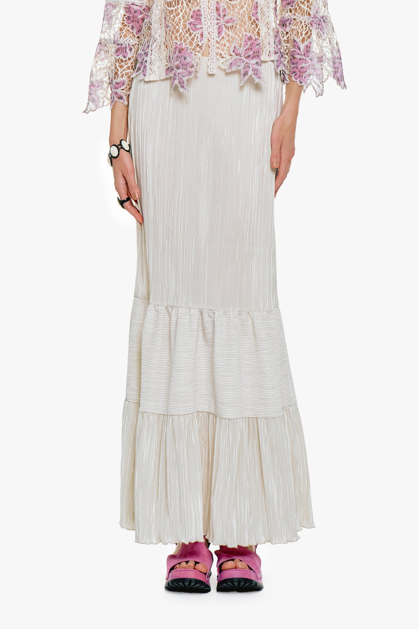 Plissé Tiered Maxi Skirt - Cream