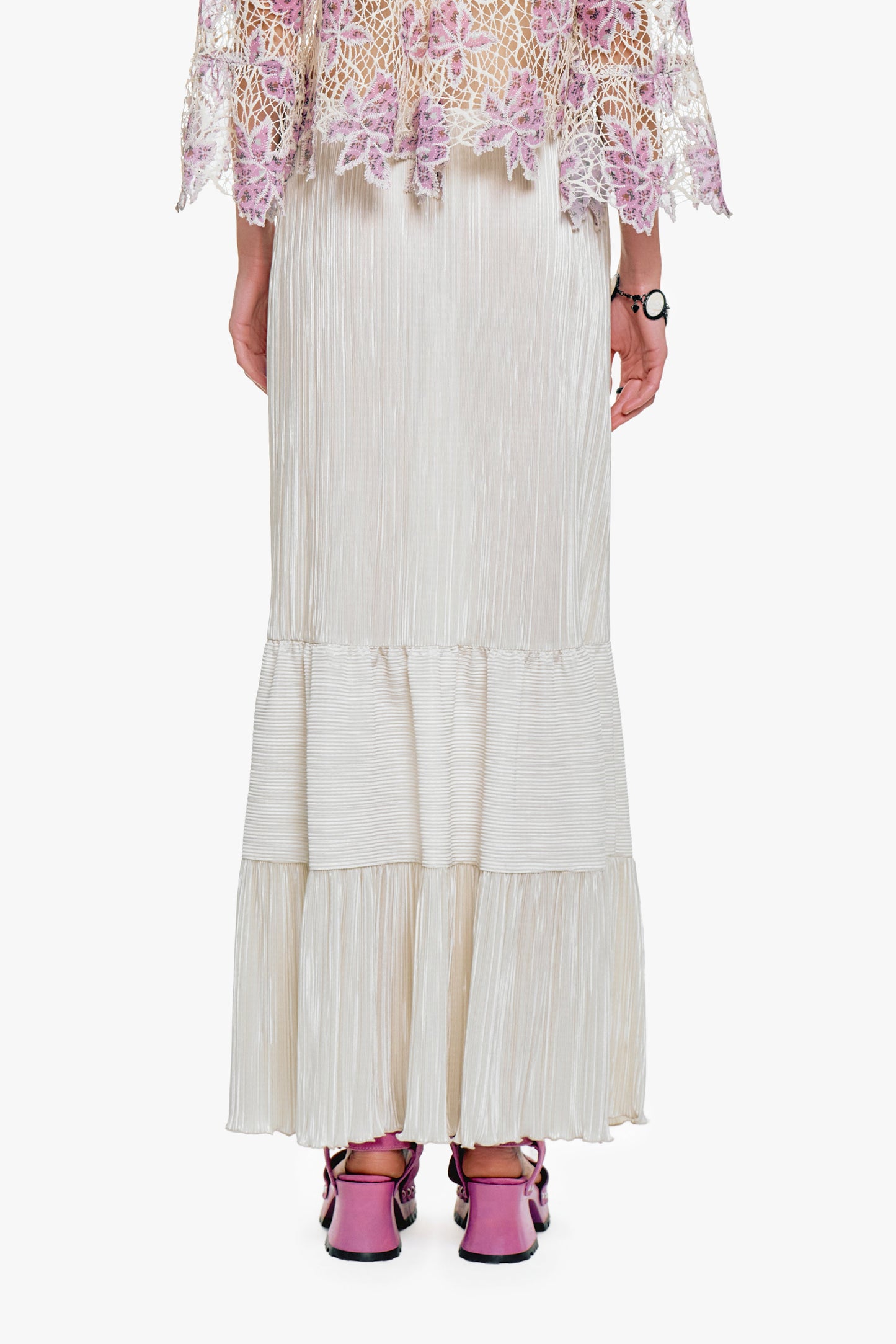 Plissé Tiered Maxi Skirt - Cream