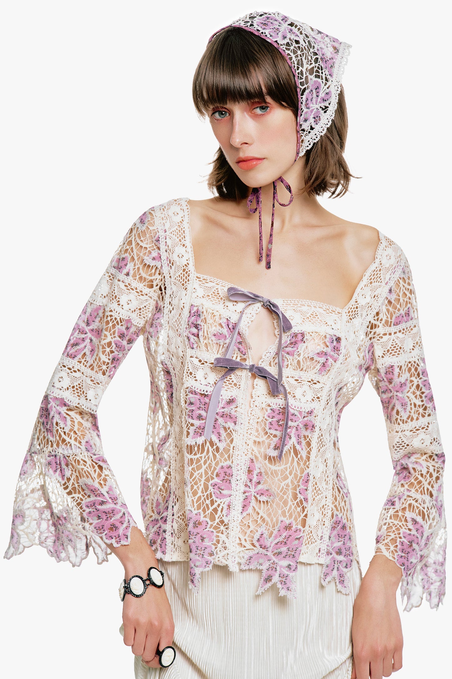 Medallion Floral Lace Tie Blouse
