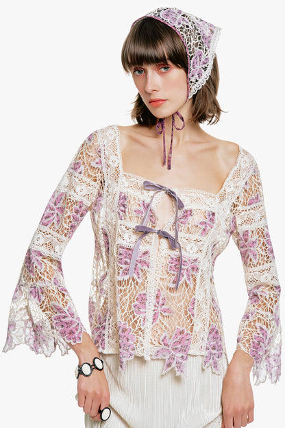 Medallion Floral Lace Tie Blouse