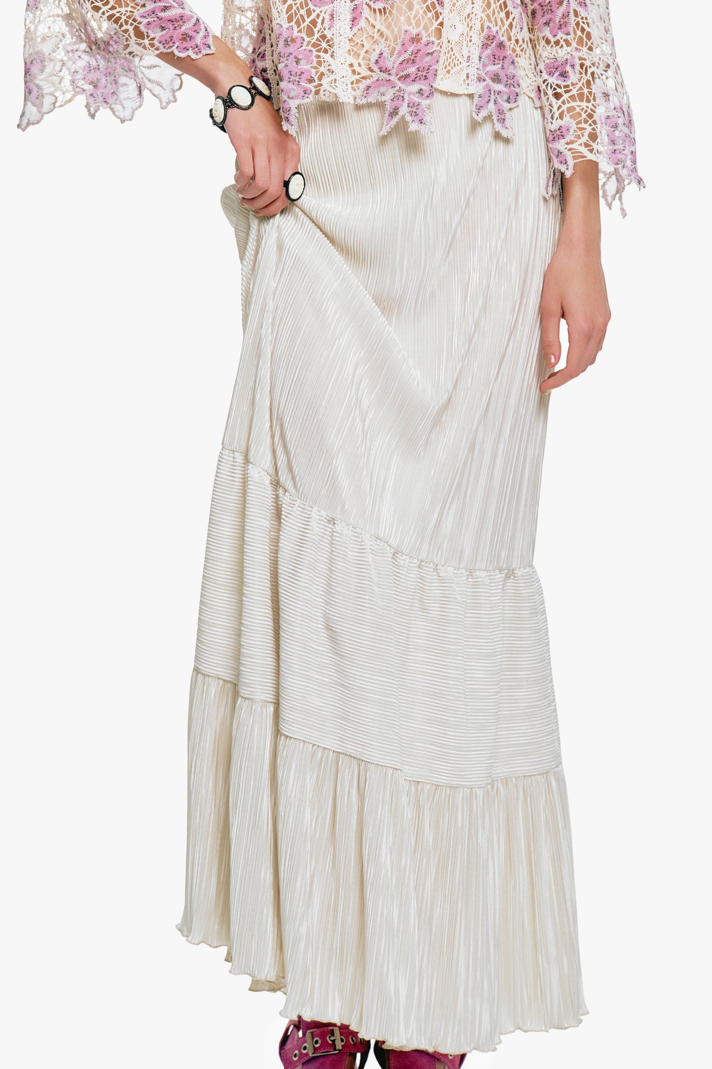 Plissé Tiered Maxi Skirt - Cream