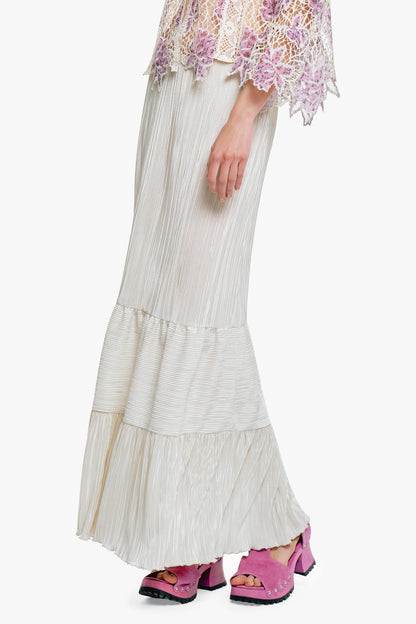 Plissé Tiered Maxi Skirt - Cream