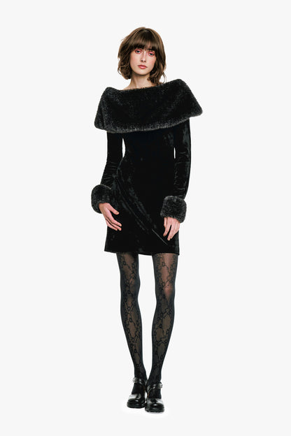 Stretch Velour Dress Designed with faux fur trim along the shoulders and cuffs.