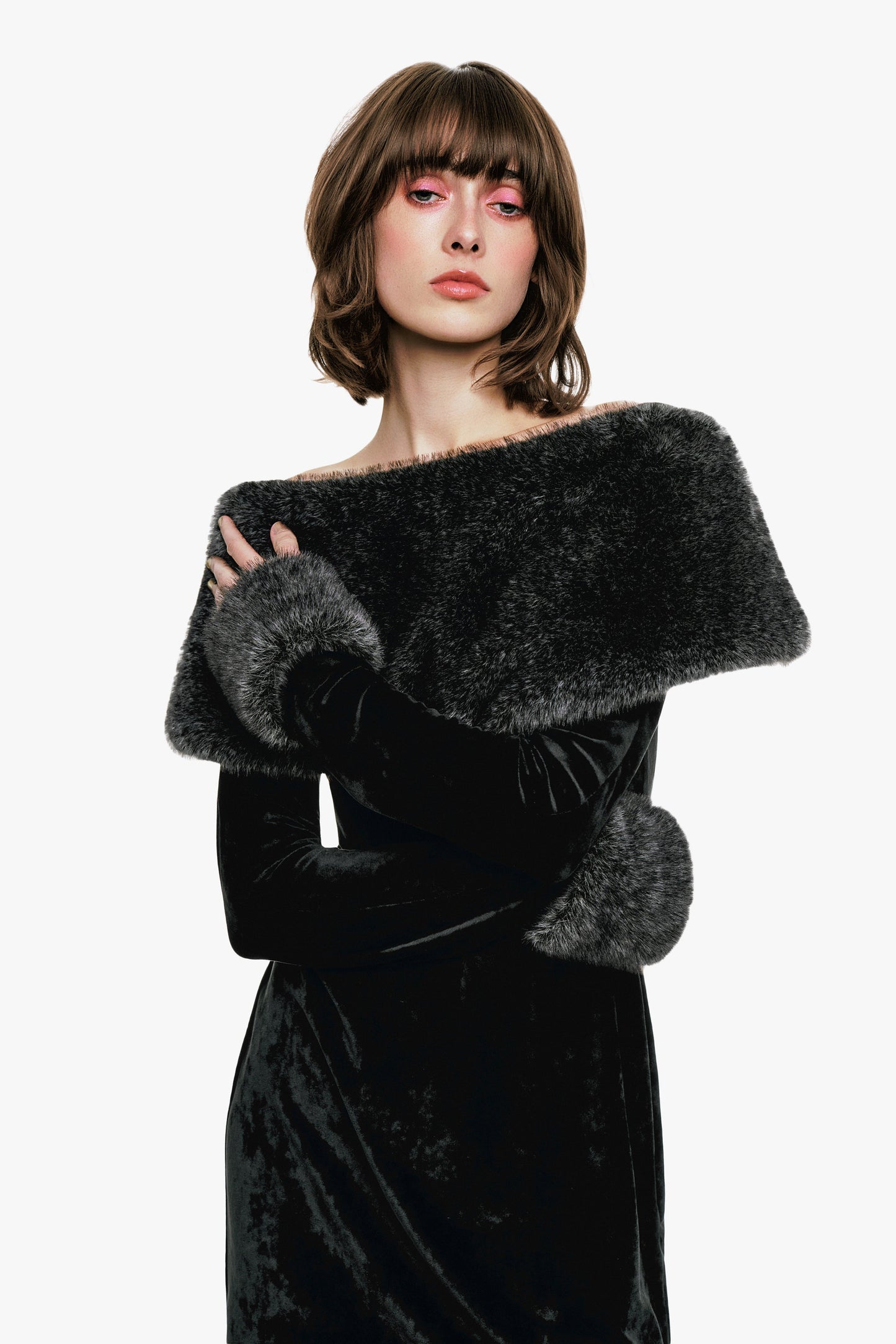 Stretch Velour Dress Designed with faux fur trim along the shoulders covers the bust.
