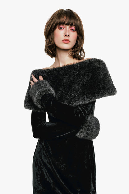 Stretch Velour Dress Designed with faux fur trim along the shoulders covers the bust.