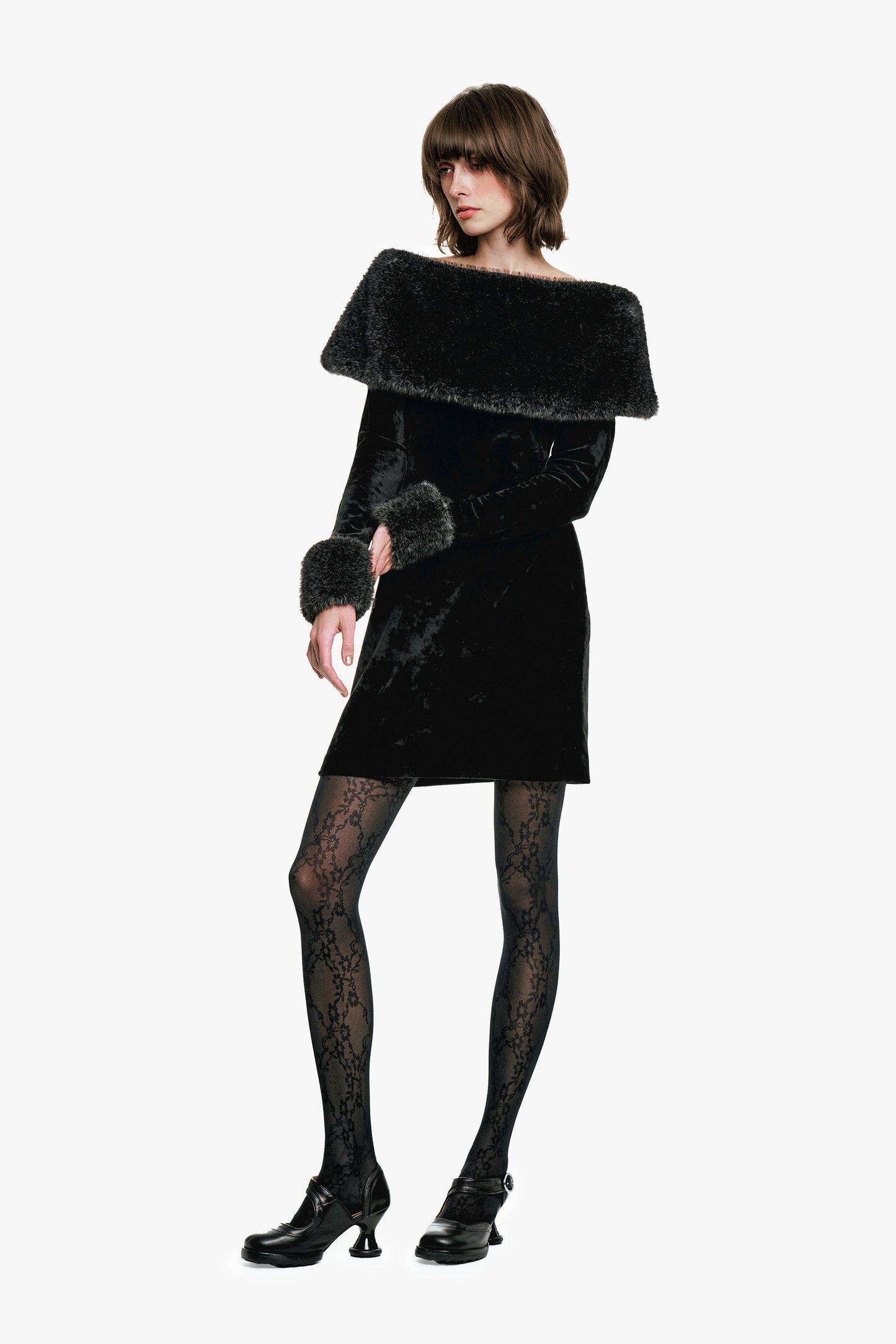 Stretch Velour Dress Designed with faux fur trim along the shoulders can be used to show up them.