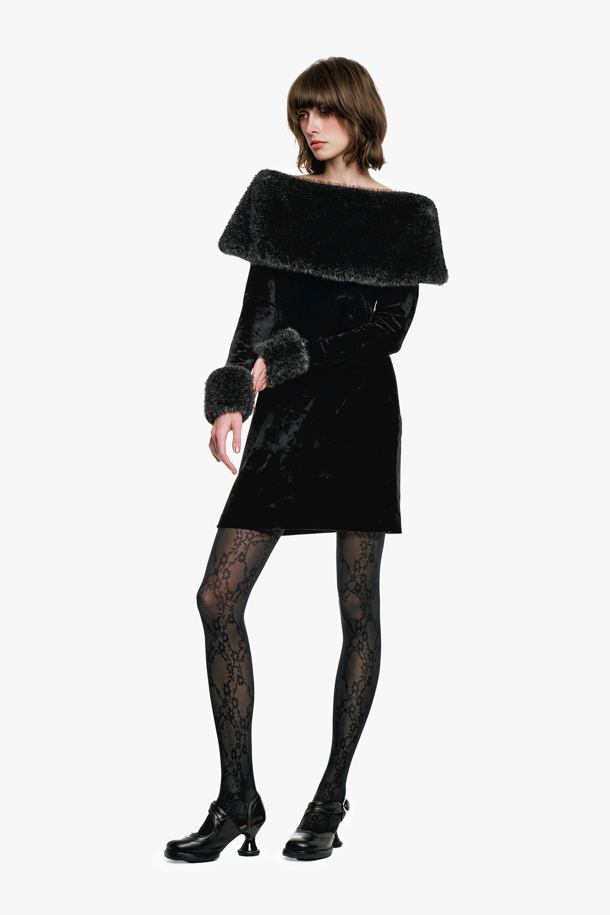 Stretch Velour Dress Designed with faux fur trim along the shoulders can be used to show up them.