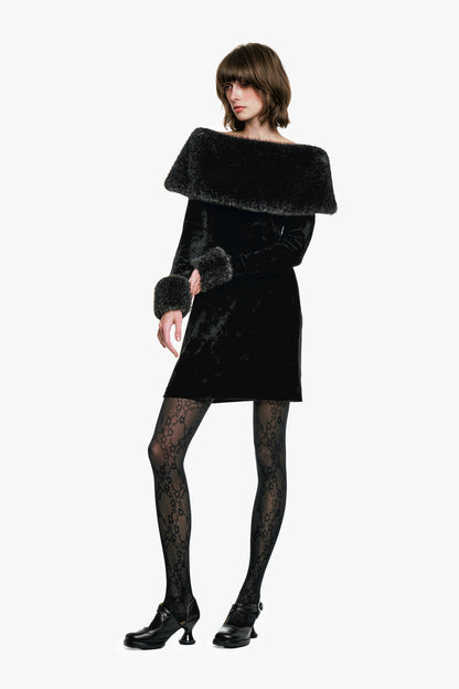 Stretch Velour Dress Designed with faux fur trim along the shoulders can be used to show up them.