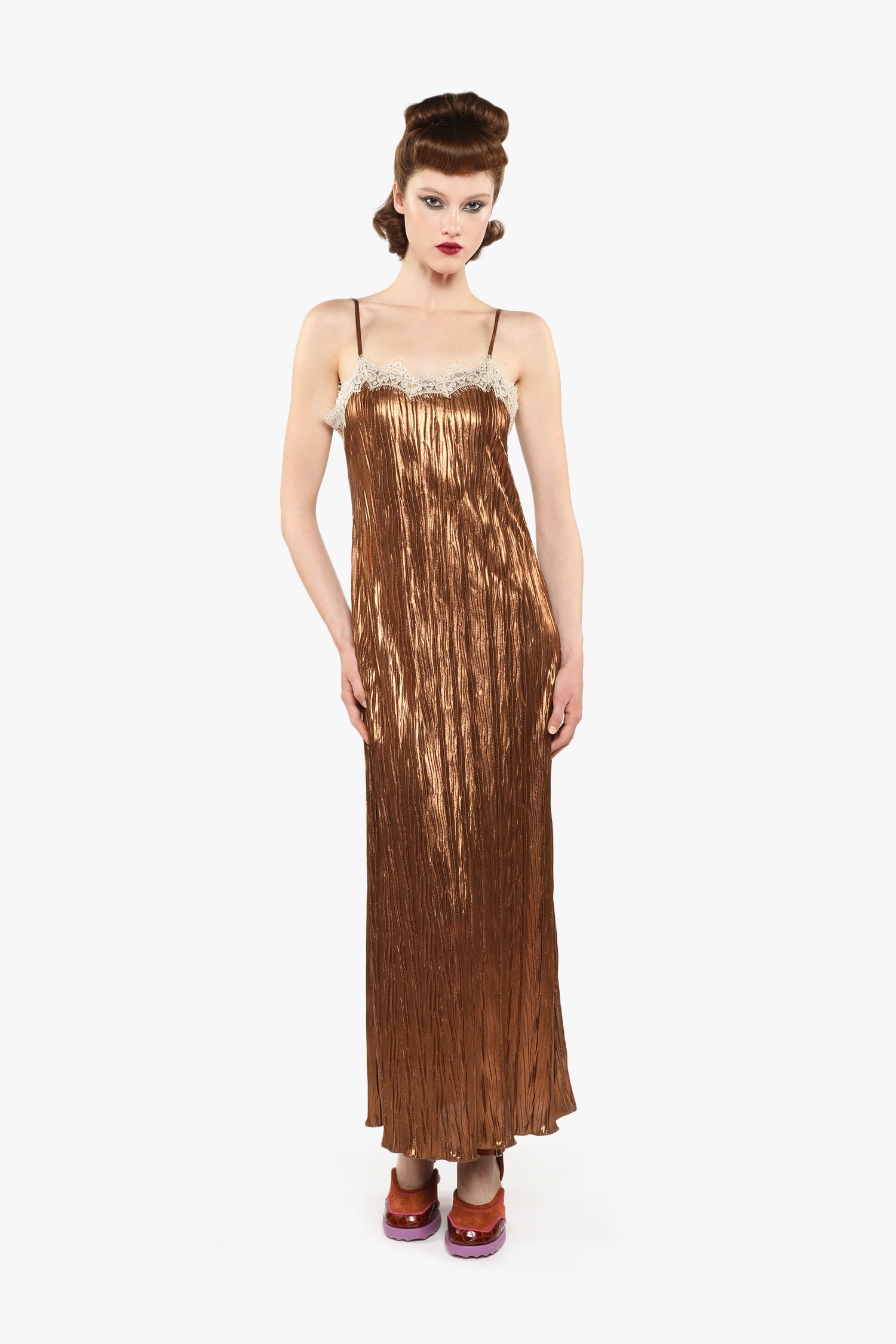 Pleats Lace Slip Maxi bronze Dress sleeveless featuring a textured pattern and a flowy, tailored fit
