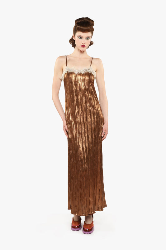Pleats Lace Slip Maxi bronze Dress sleeveless featuring a textured pattern and a flowy, tailored fit