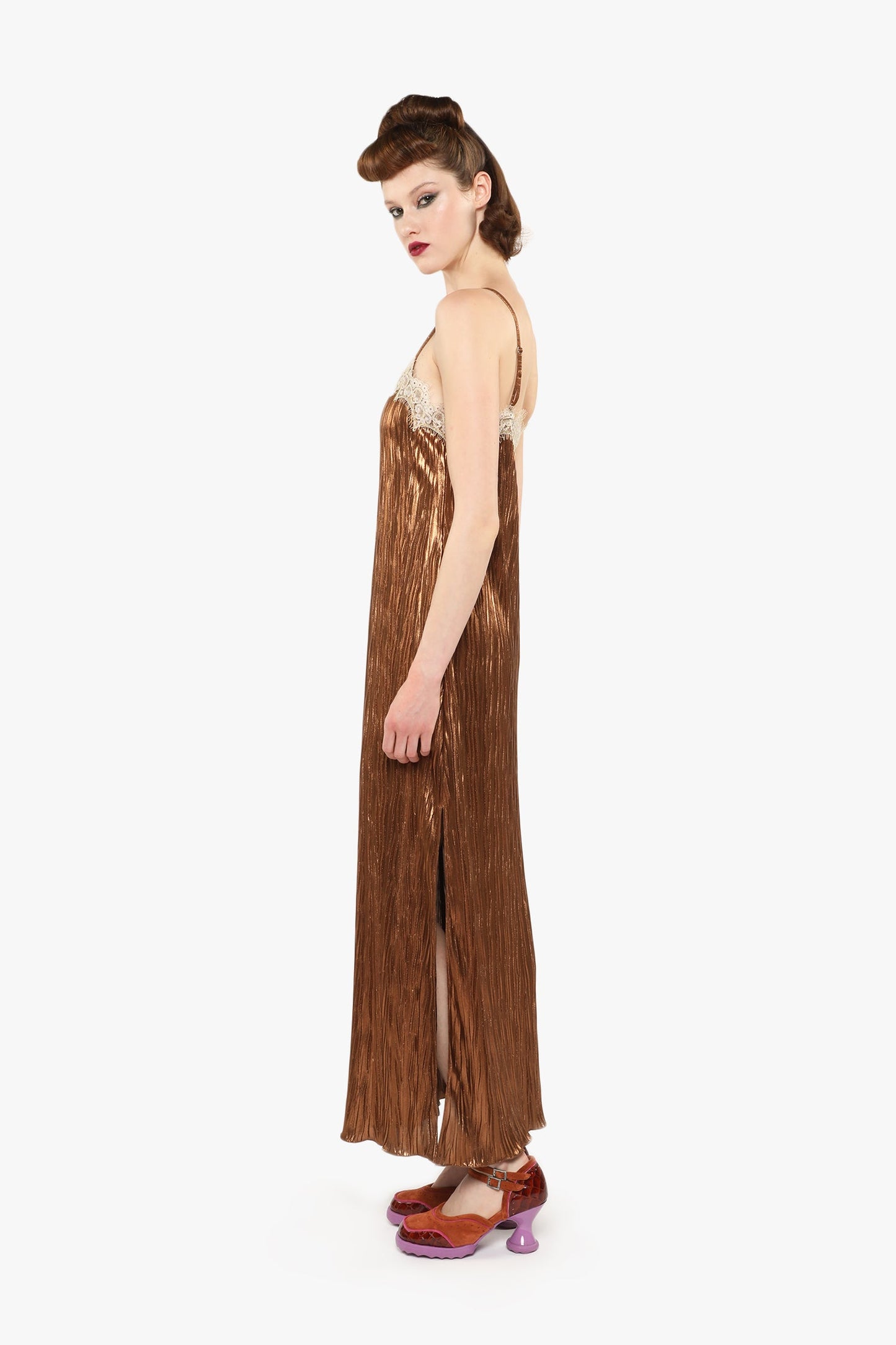 Pleats Lace Slip Maxi bronze Dress sleeveless featuring a textured pattern, a side slit from knees down.