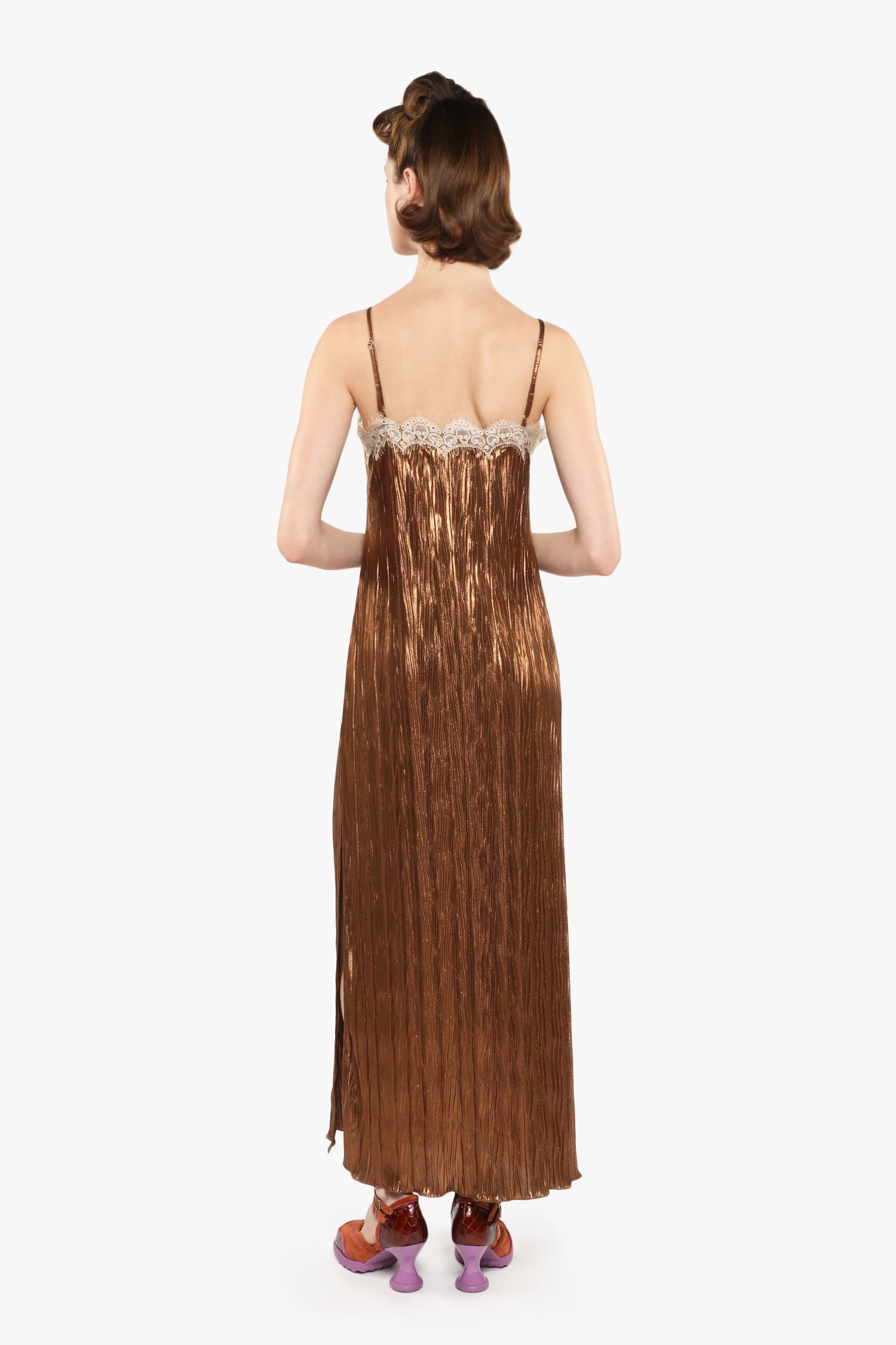 Woman wearing a Pleats Lace Slip Maxi bronze Dress sleeveless, 2 straps over the shoulders