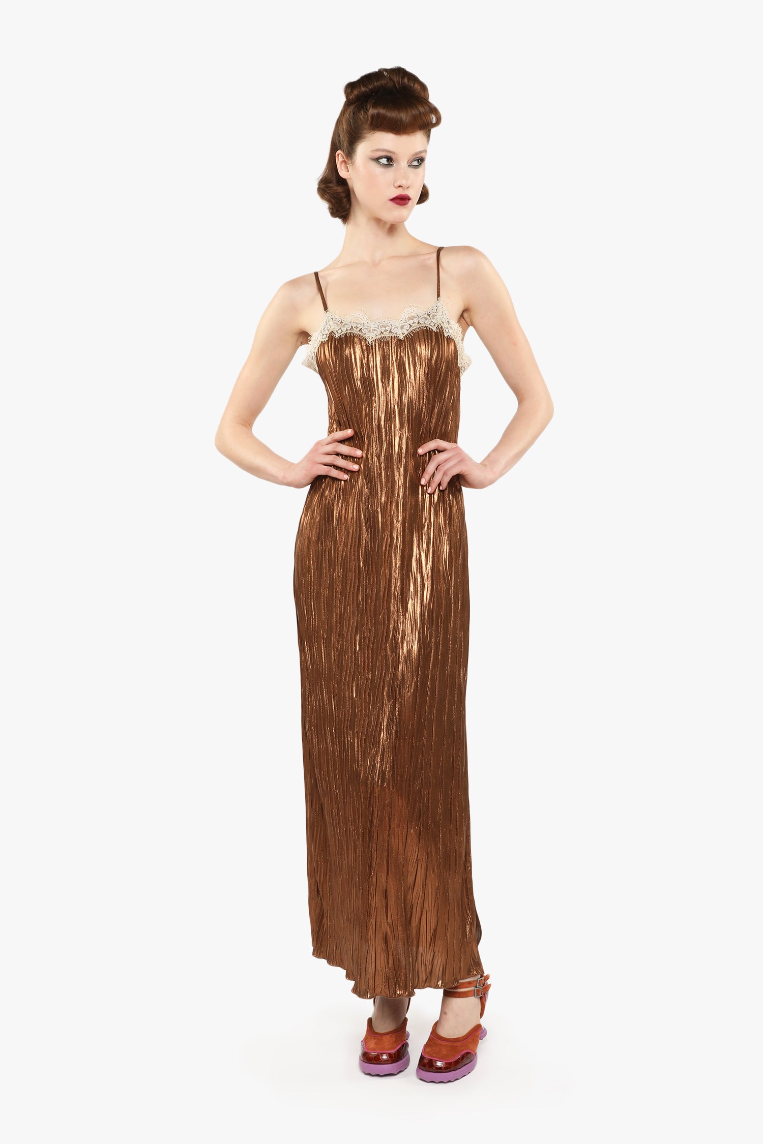 Anna Sui Pleated Lace Slip Maxi Dress - Bronze Anna Sui Pleated Lace Slip Maxi Dress - Bronze