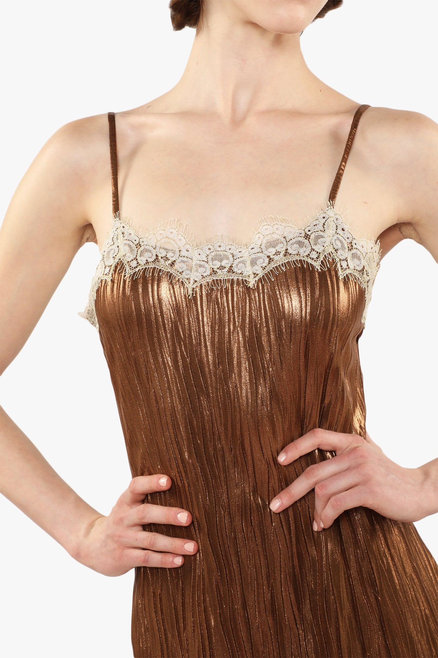 Pleats Lace Slip Maxi bronze Dress sleeveless, white lace highlight the curves above the bust