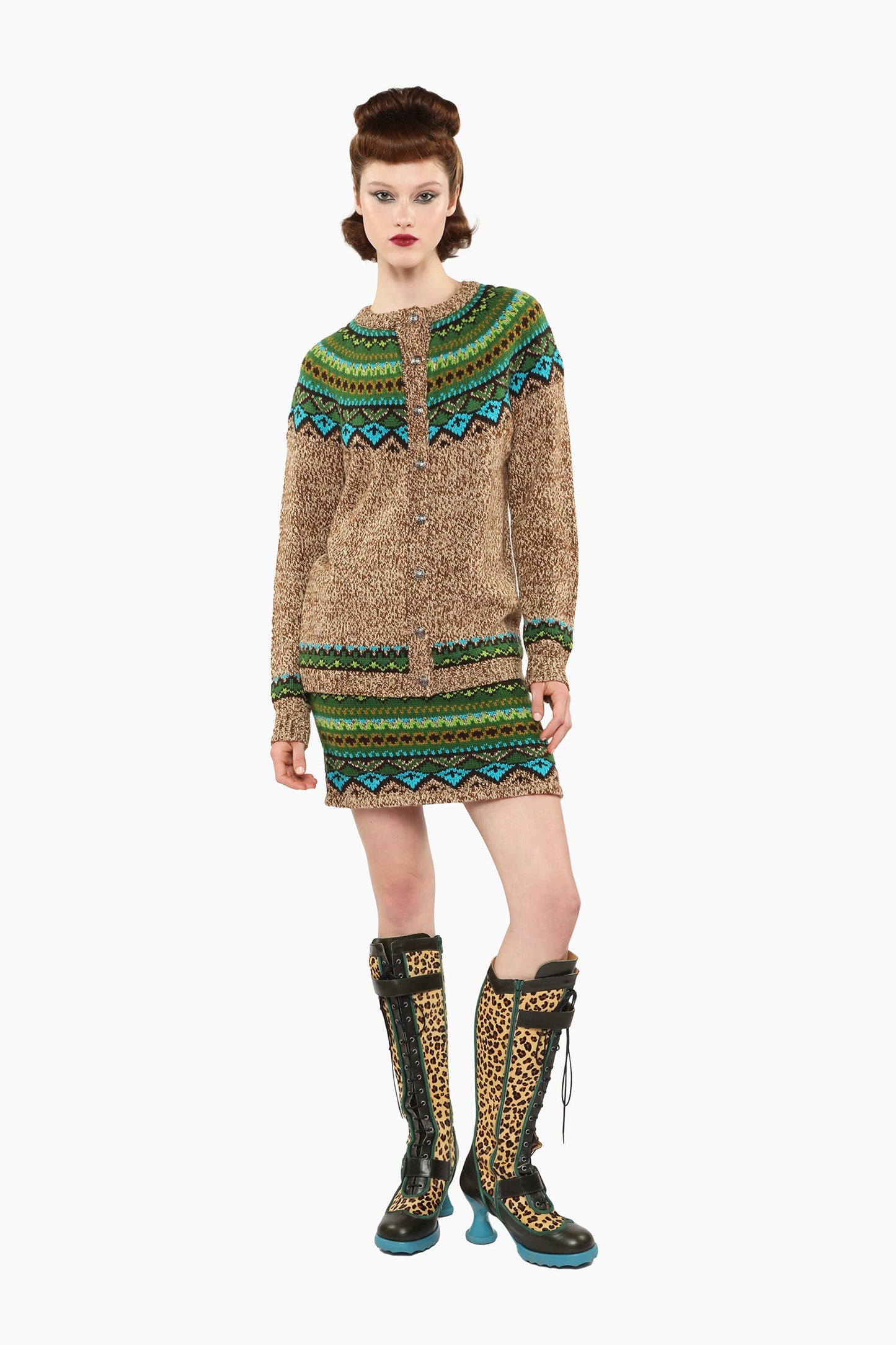 Fair Isle Cardigan, long sleeves, shoulders and top arms pattern hue of green and blue triangles.