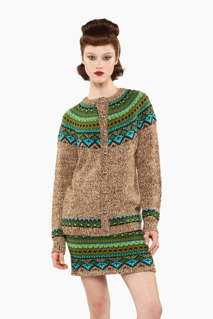 Fair Isle Cardigan, Teal, and beige features a timeless pattern and a simple, tailored fit.