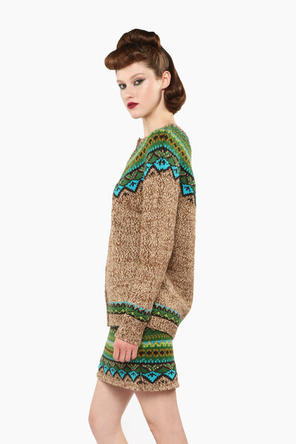 Fair Isle Cardigan, Teal wears with same pattern hue of green and blue triangles mini skirt.