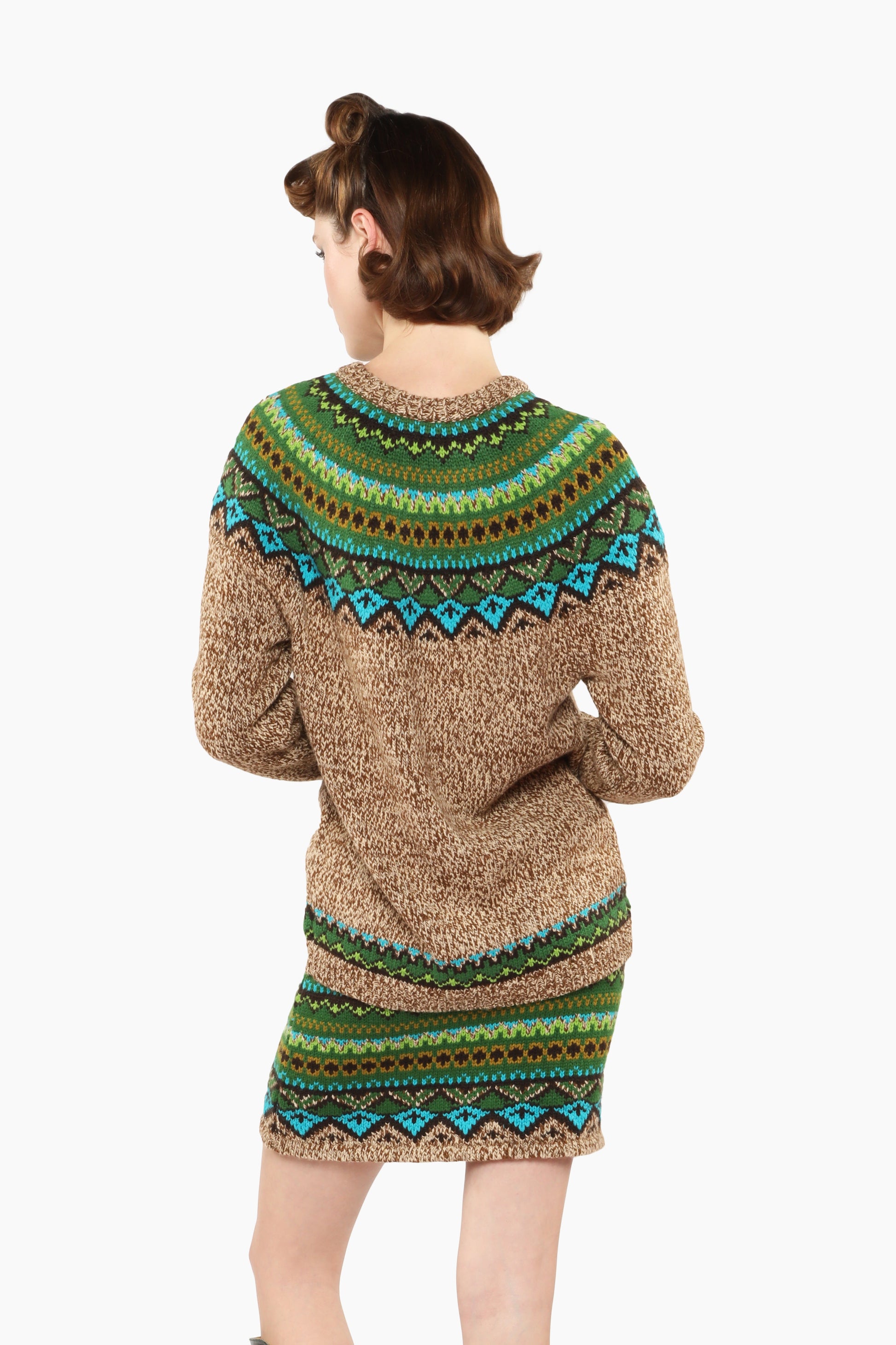 Fair Isle Cardigan, Teal, and beige features a timeless pattern and a simple, tailored fit on back.