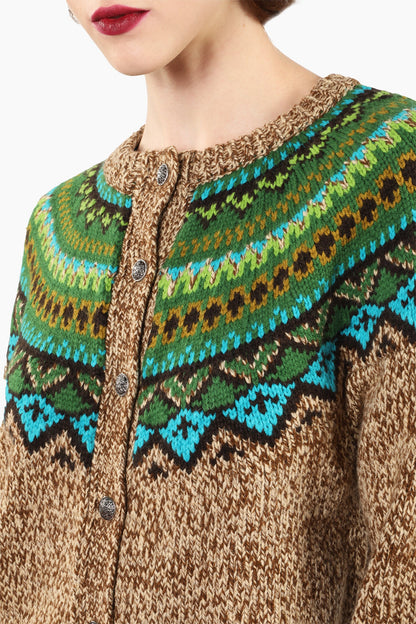Fair Isle Cardigan, Teal, neckline collar, pattern hue of green and blue triangles, 8-buttons.
