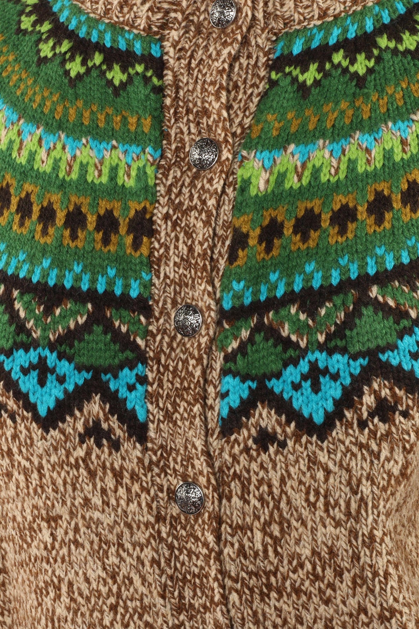 Detail of the pattern, hue of green and blue triangles, front buttons, 