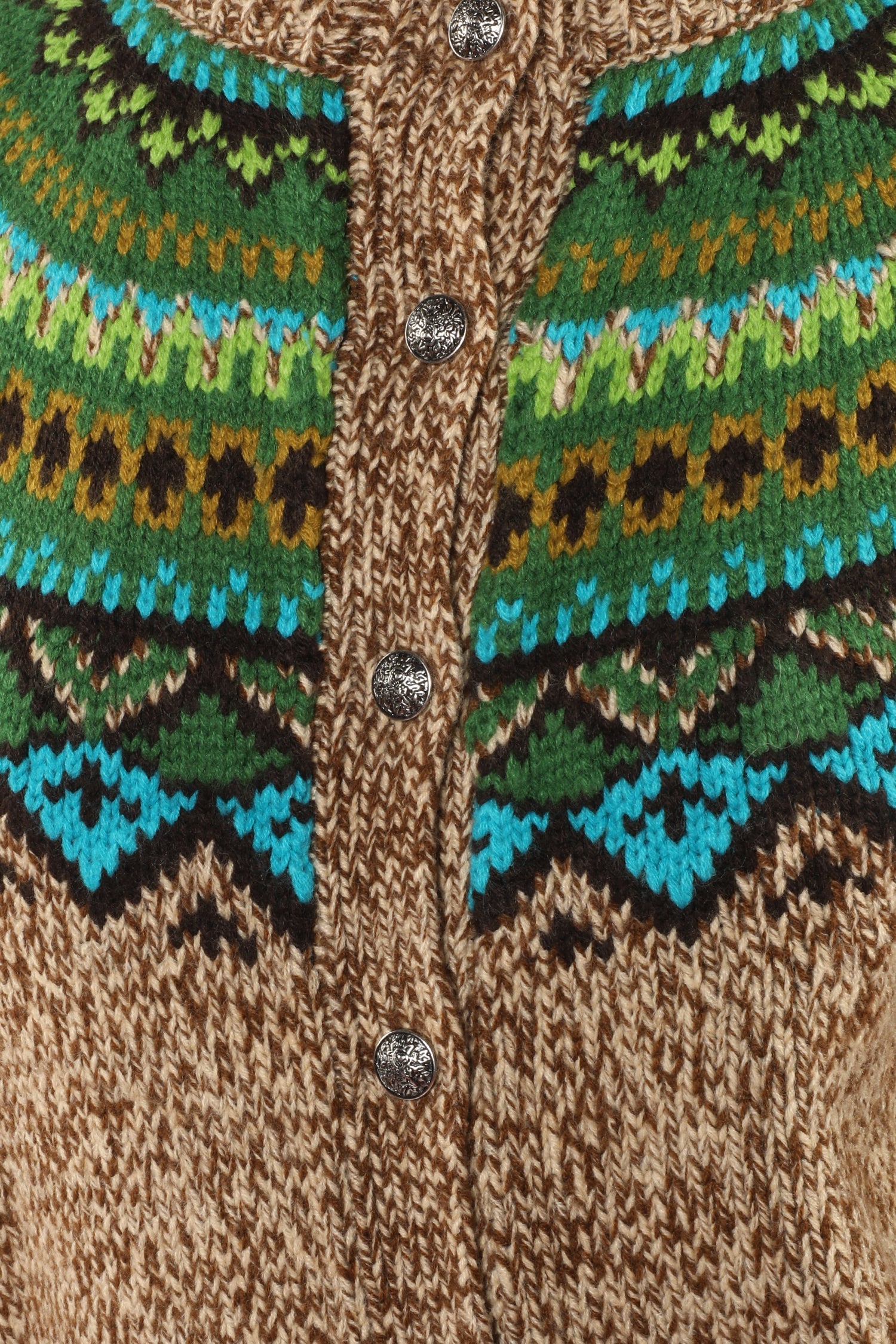 Detail of the pattern, hue of green and blue triangles, front buttons, 