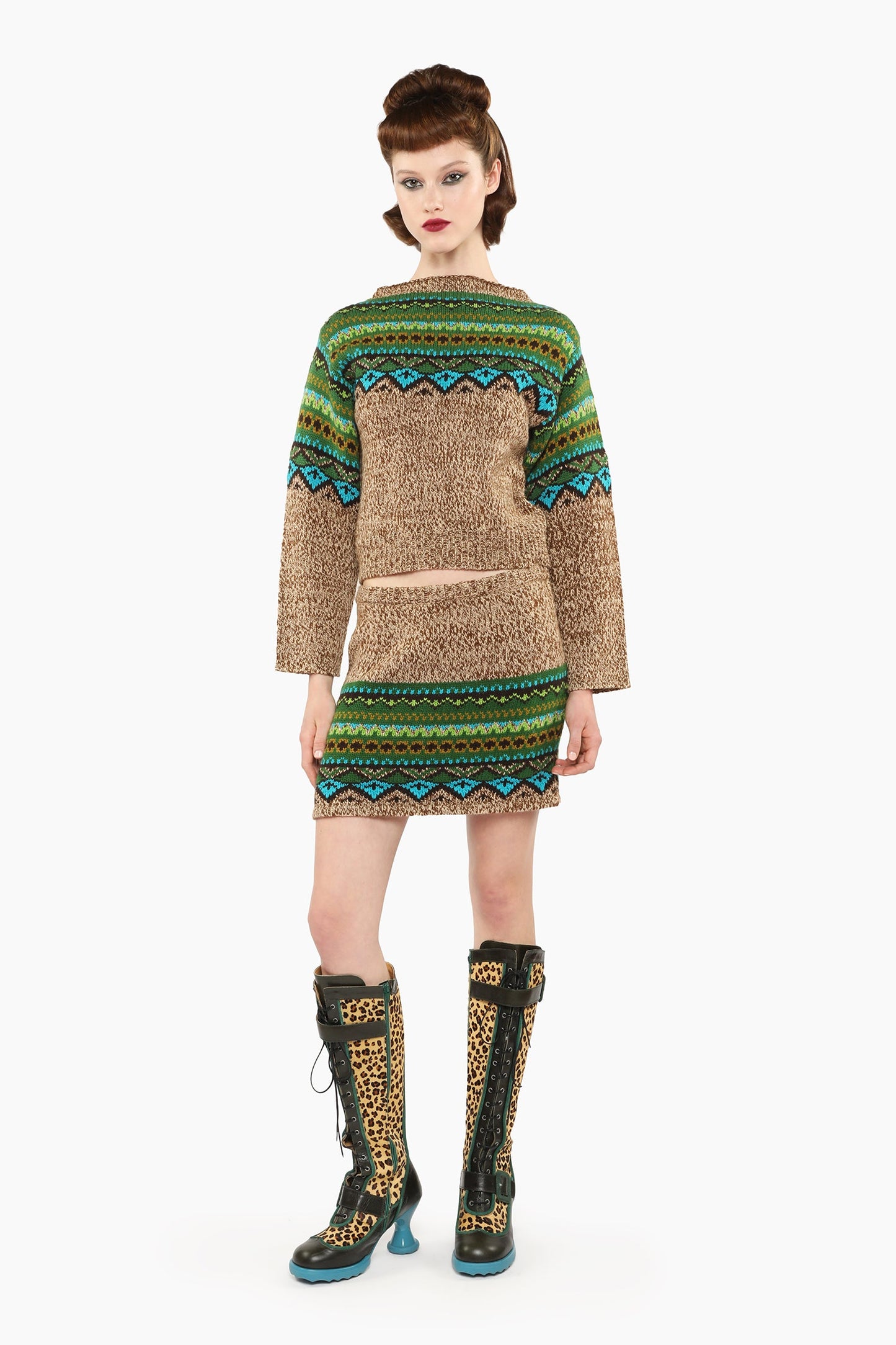 Model wearing the Anna Sui Fair Isle Mini Skirt – Teal with Fair Isle Sweater – Teal