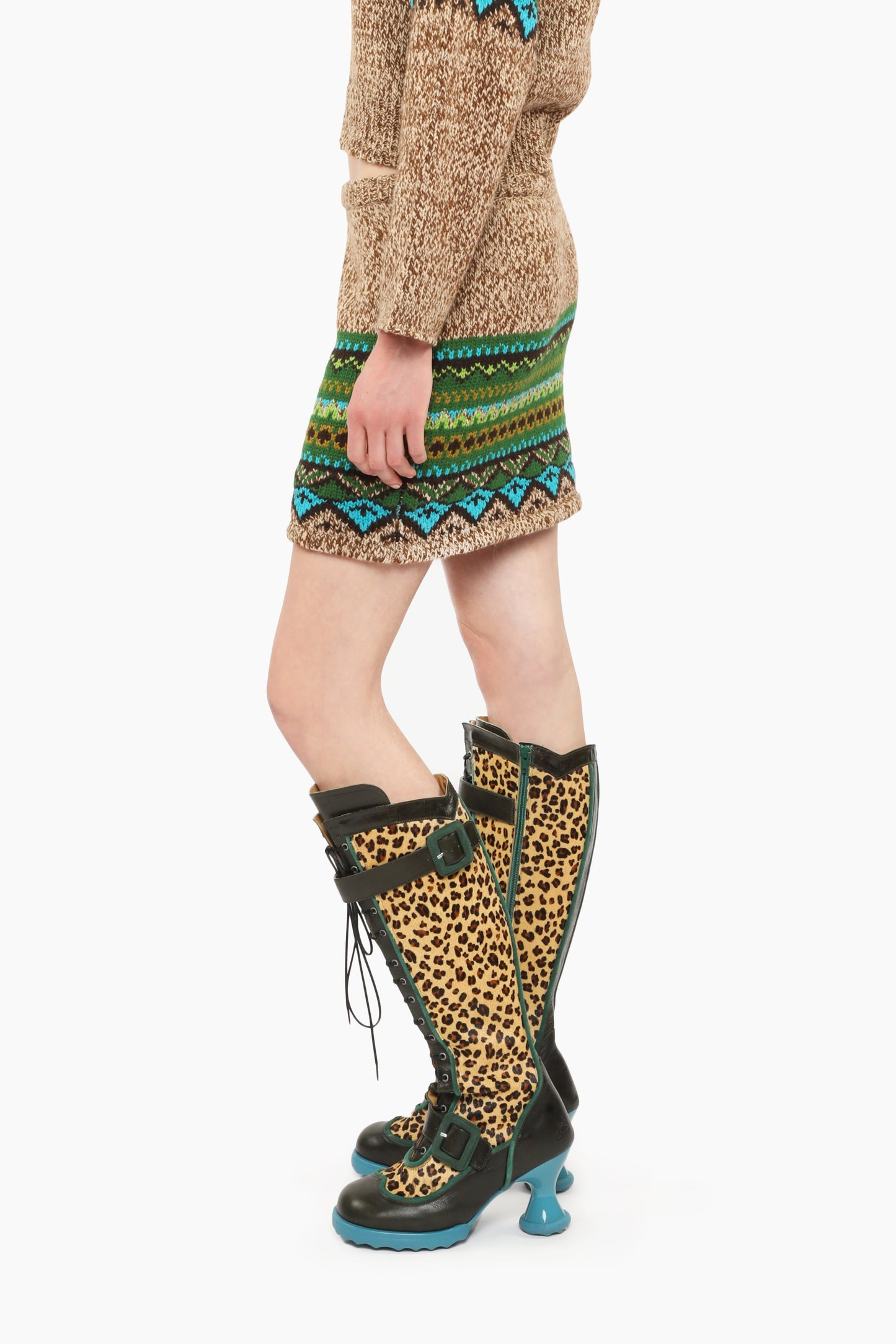 Person wearing Fair Isle Mini Skirt – Teal with Fair Isle Sweater – Teal, and leopard print boots