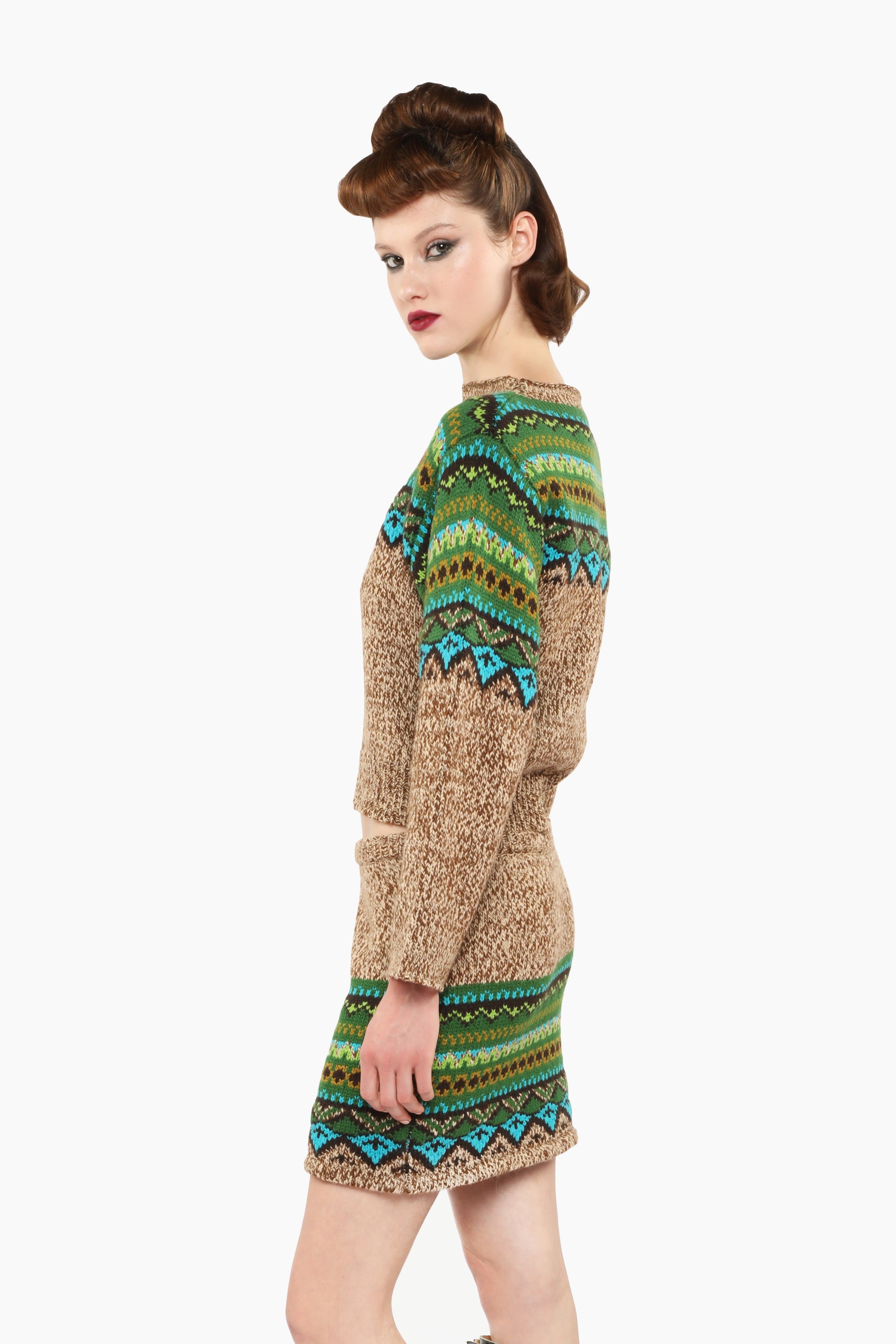 Fair Isle Sweater – Teal wears with same pattern hue of green and blue triangles mini skirt