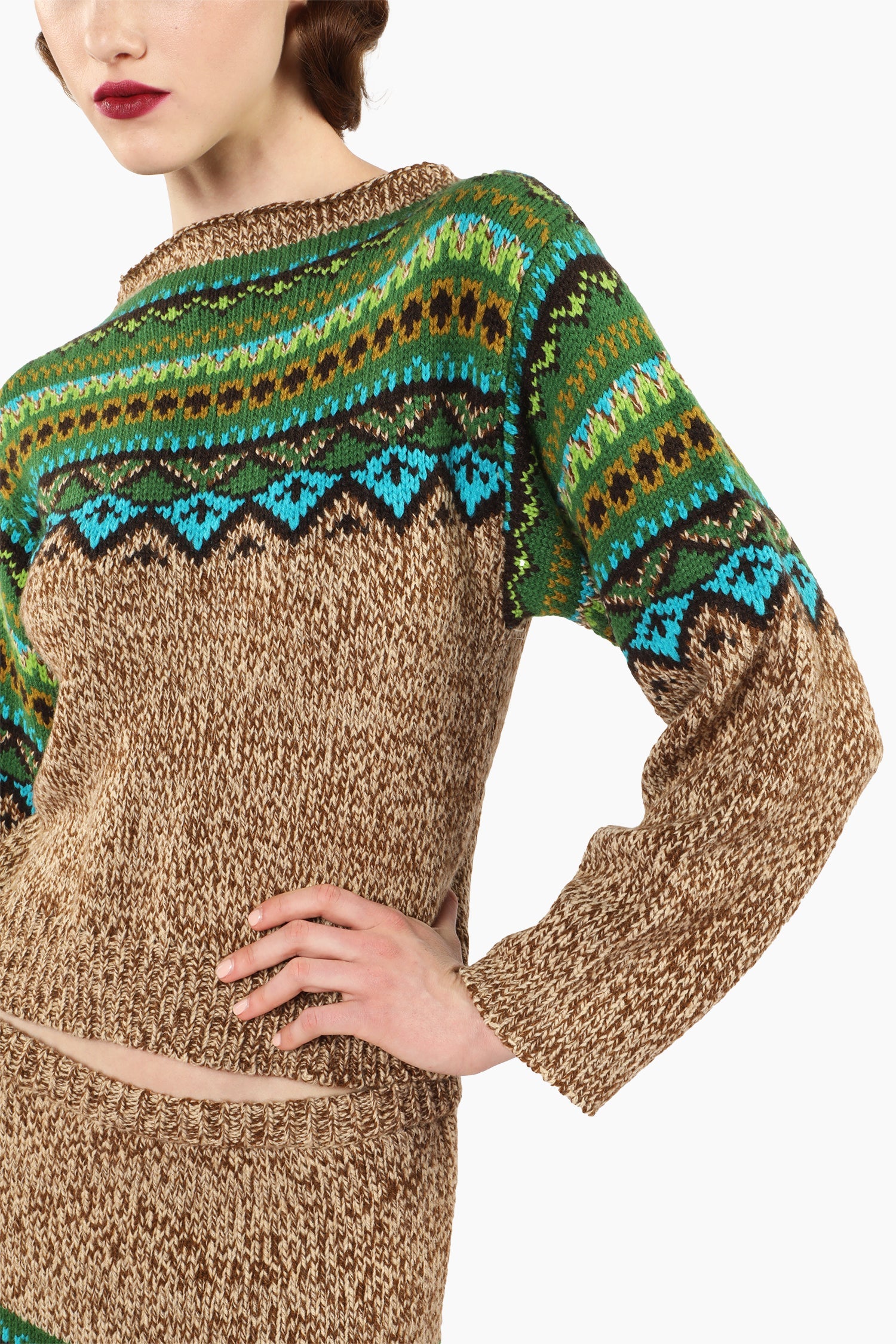 Fair Isle Sweater – Teal, neckline collar long sleeves, top pattern hue of green and blue triangles