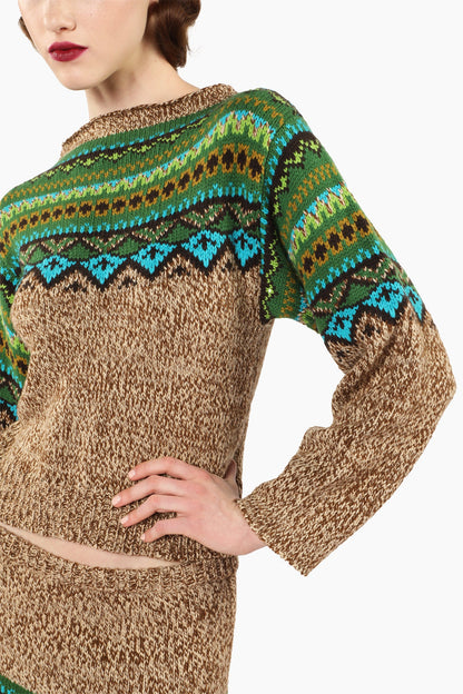 Fair Isle Sweater – Teal, neckline collar long sleeves, top pattern hue of green and blue triangles