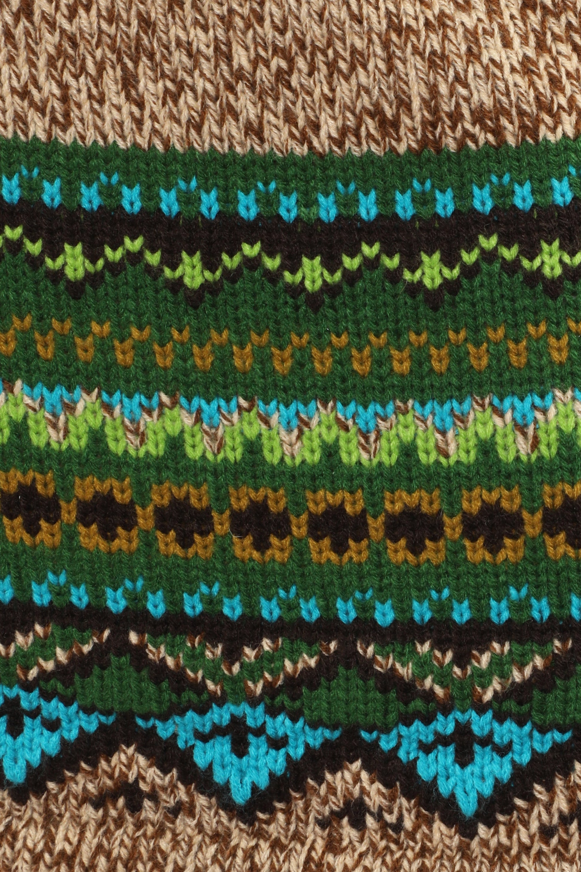 Detail of Fair Isle Mini Skirt – Teal pattern hue of green lines and blue triangles with black border.