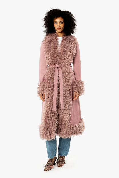 Faux Suede & Fur Belted Coat