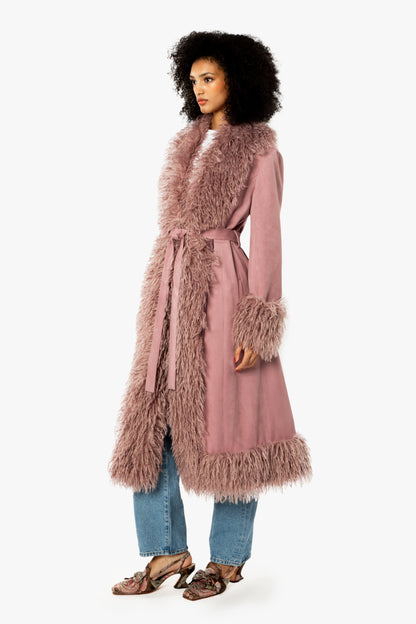 Faux Suede & Fur Belted Coat