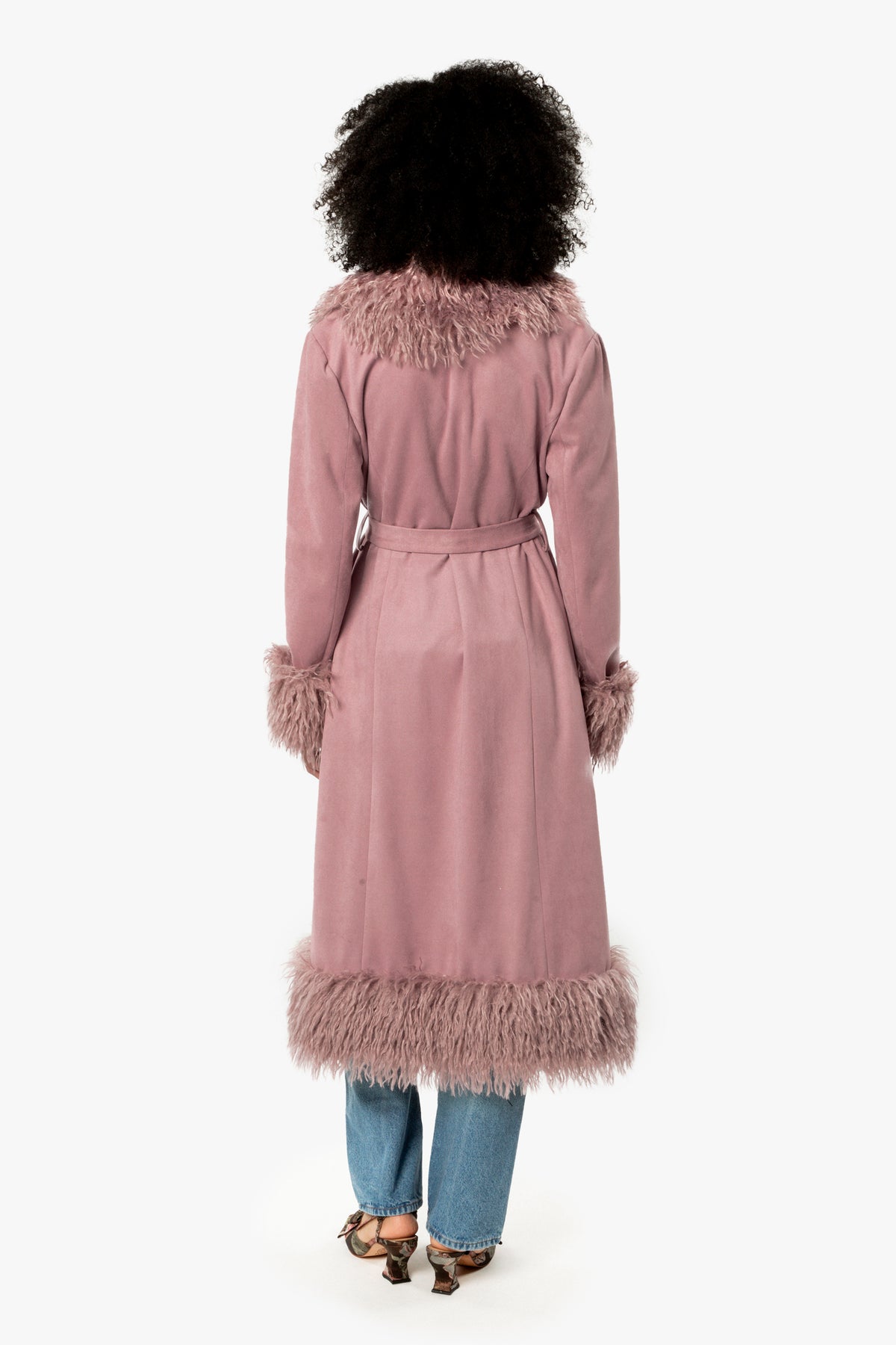 Faux Suede & Fur Belted Coat