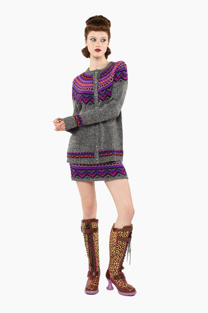 Woman wearing Fair Isle Cardigan great accessory for chilly days.