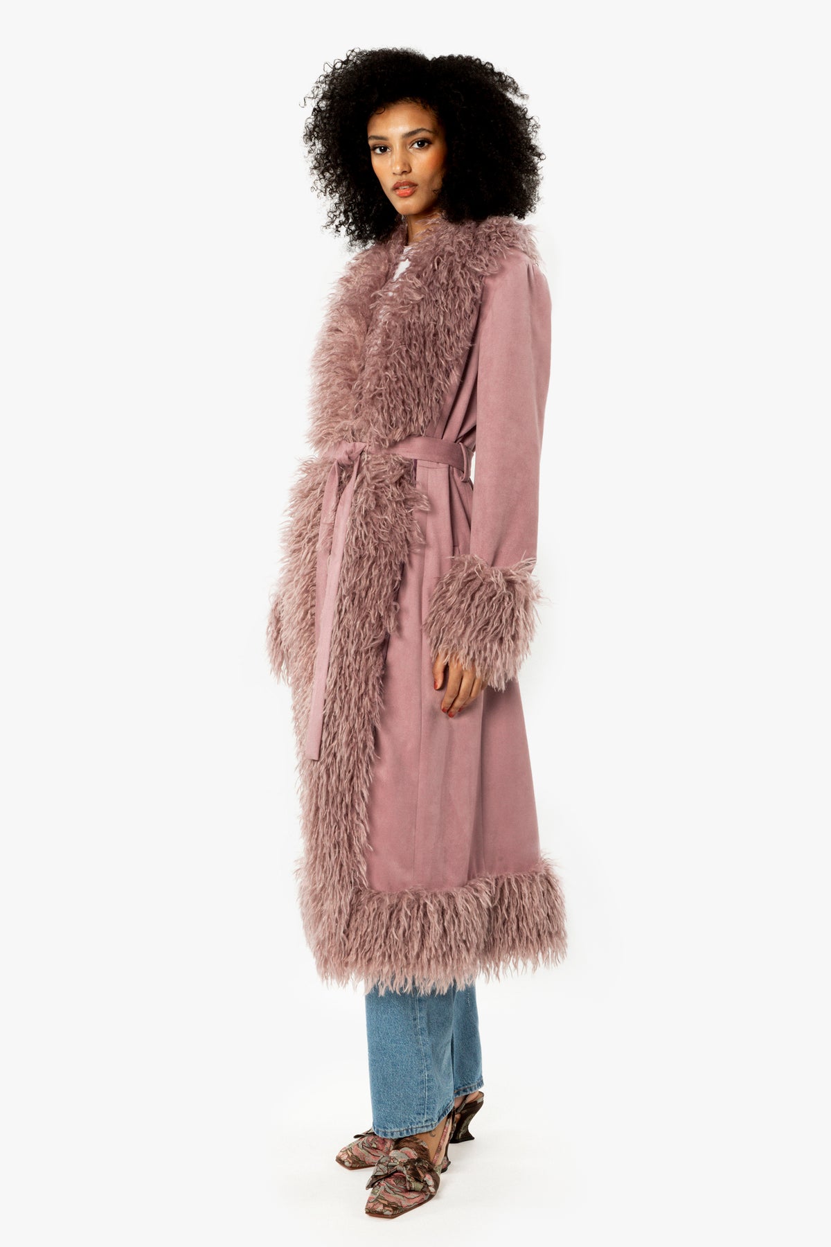 Faux Suede & Fur Belted Coat