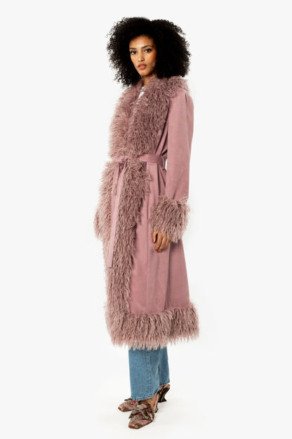 Faux Suede & Fur Belted Coat