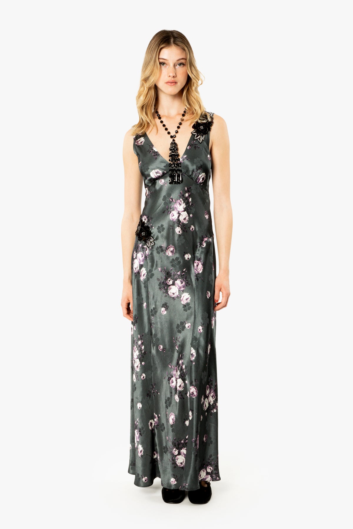 Rose Print Satin Maxi Dress