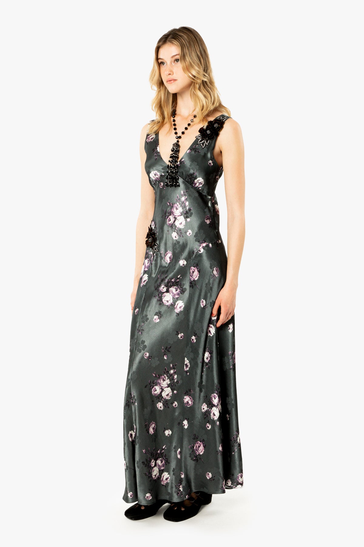 Rose Print Satin Maxi Dress