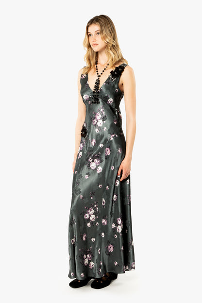 Rose Print Satin Maxi Dress