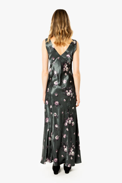 Rose Print Satin Maxi Dress