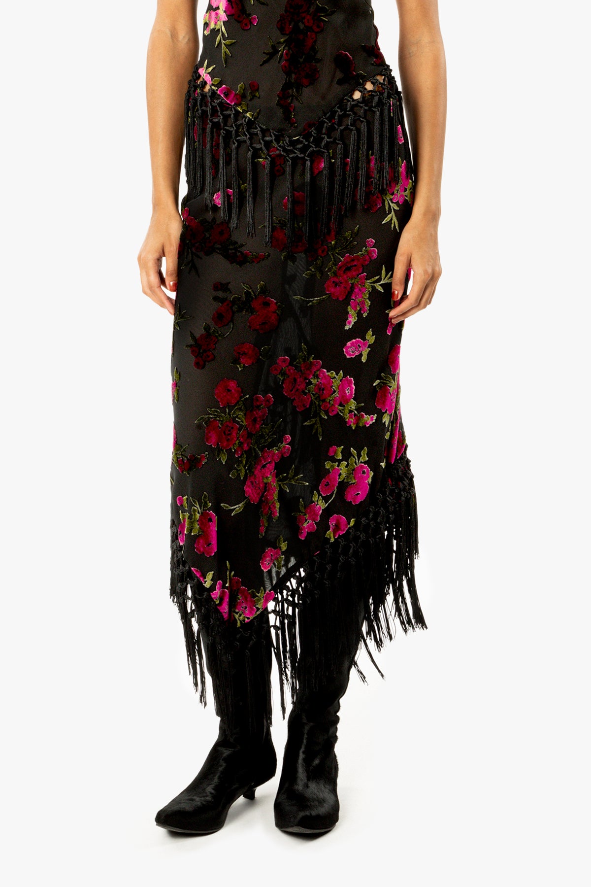 Rose Burnout Fringe Skirt