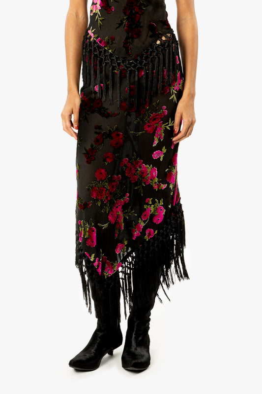 Rose Burnout Fringe Skirt